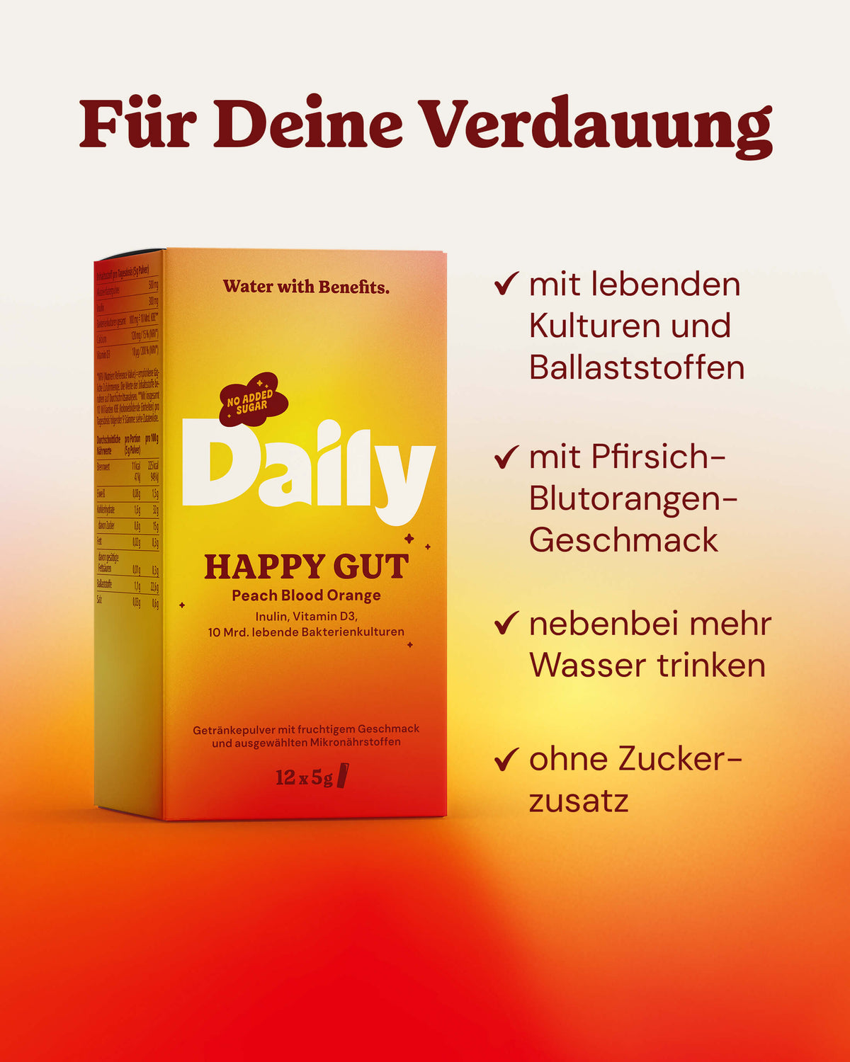 HAPPY GUT Inhaltsstoffe: Calcium, Vitamin D₃, 10 Mrd. Kulturen, Inulin und Akazienfaser