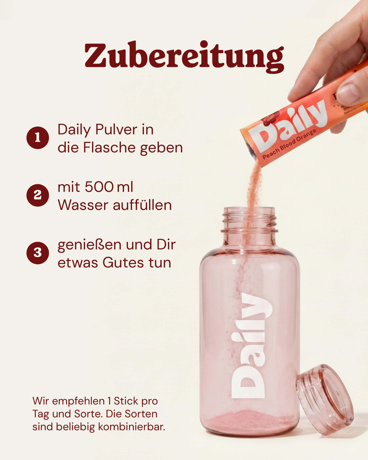 Daily HAPPY GUT Pulver wird in die Daily Bottle gegeben