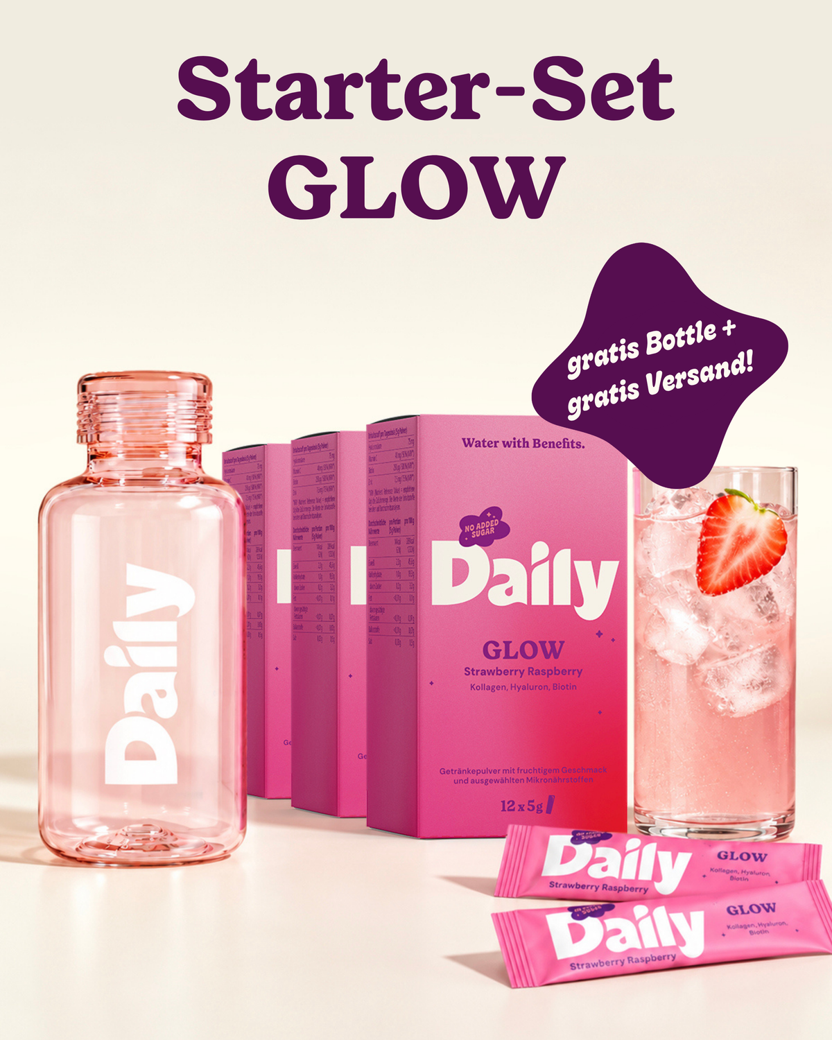 Starter-Set GLOW – Daily Bottle Rosé, GLOW Boxen, Sticks und fertiges Getränk mit Erdbeere, Störer: gratis Bottle und gratis Versand