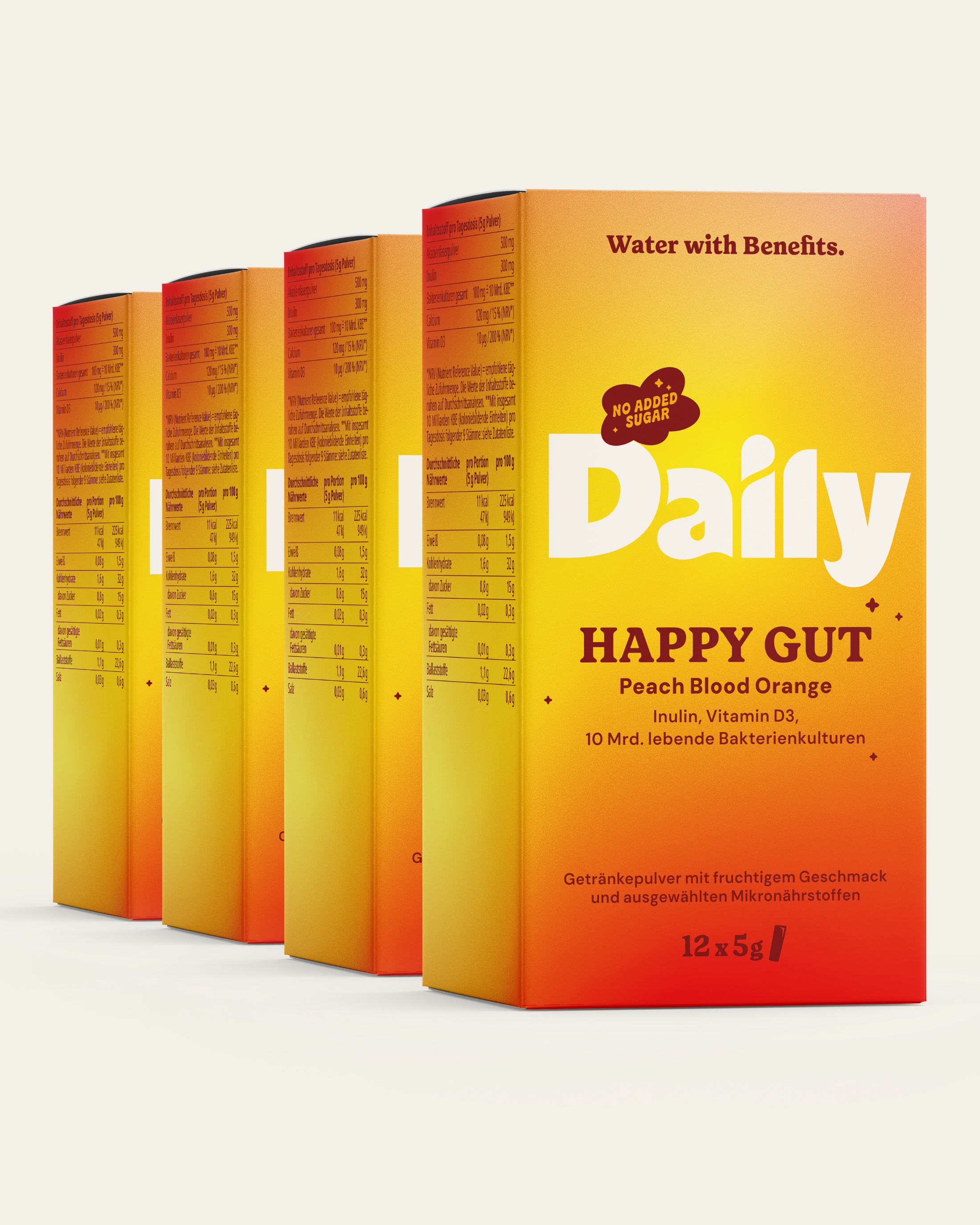 HAPPY GUT 4er Bundle – vier Daily HAPPY GUT Boxen Peach Blood Orange mit je 12 Sticks