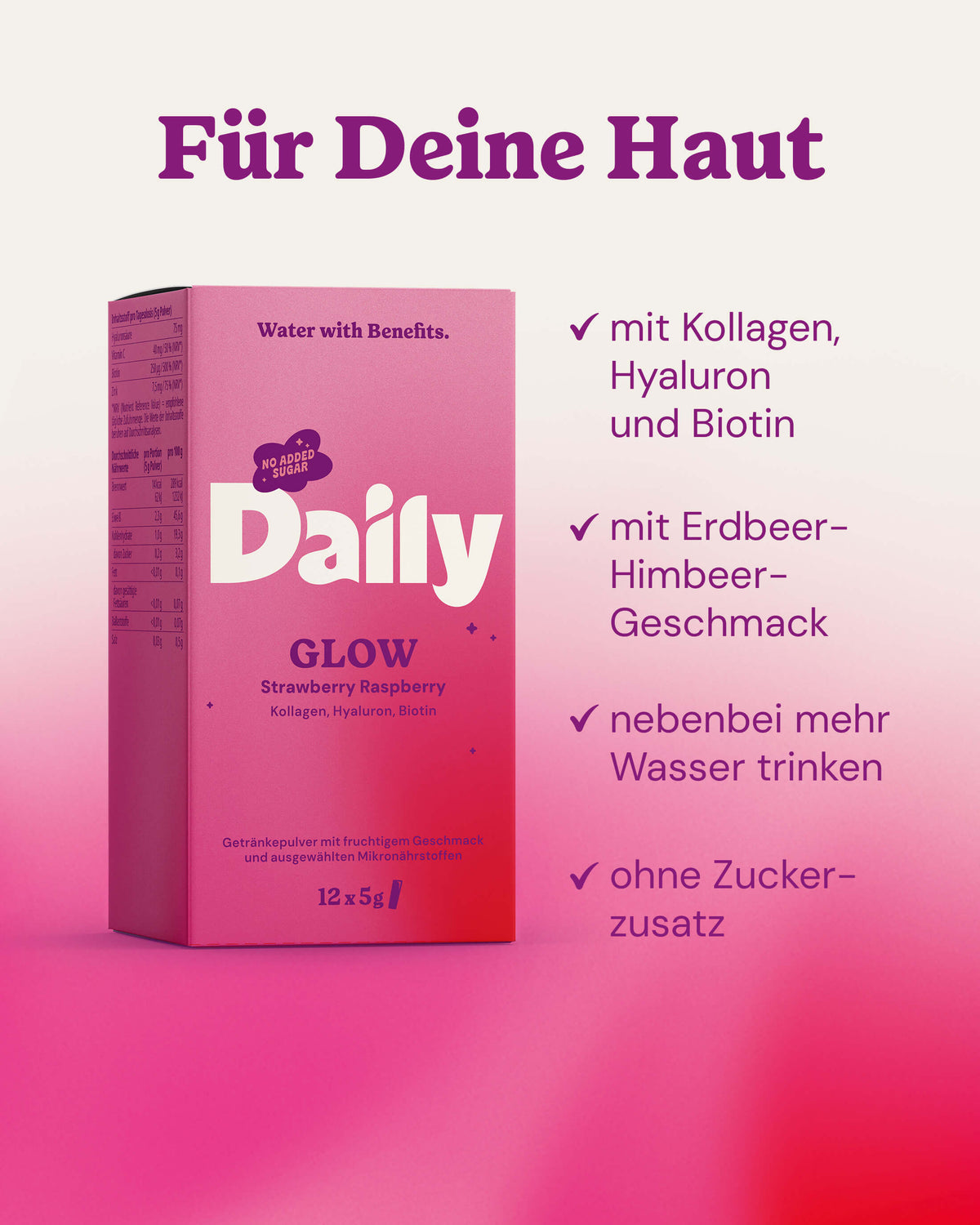GLOW Inhaltsstoffe: Biotin (500 % NRV), Zink, Vitamin C, Kollagen und Hyaluronsäure