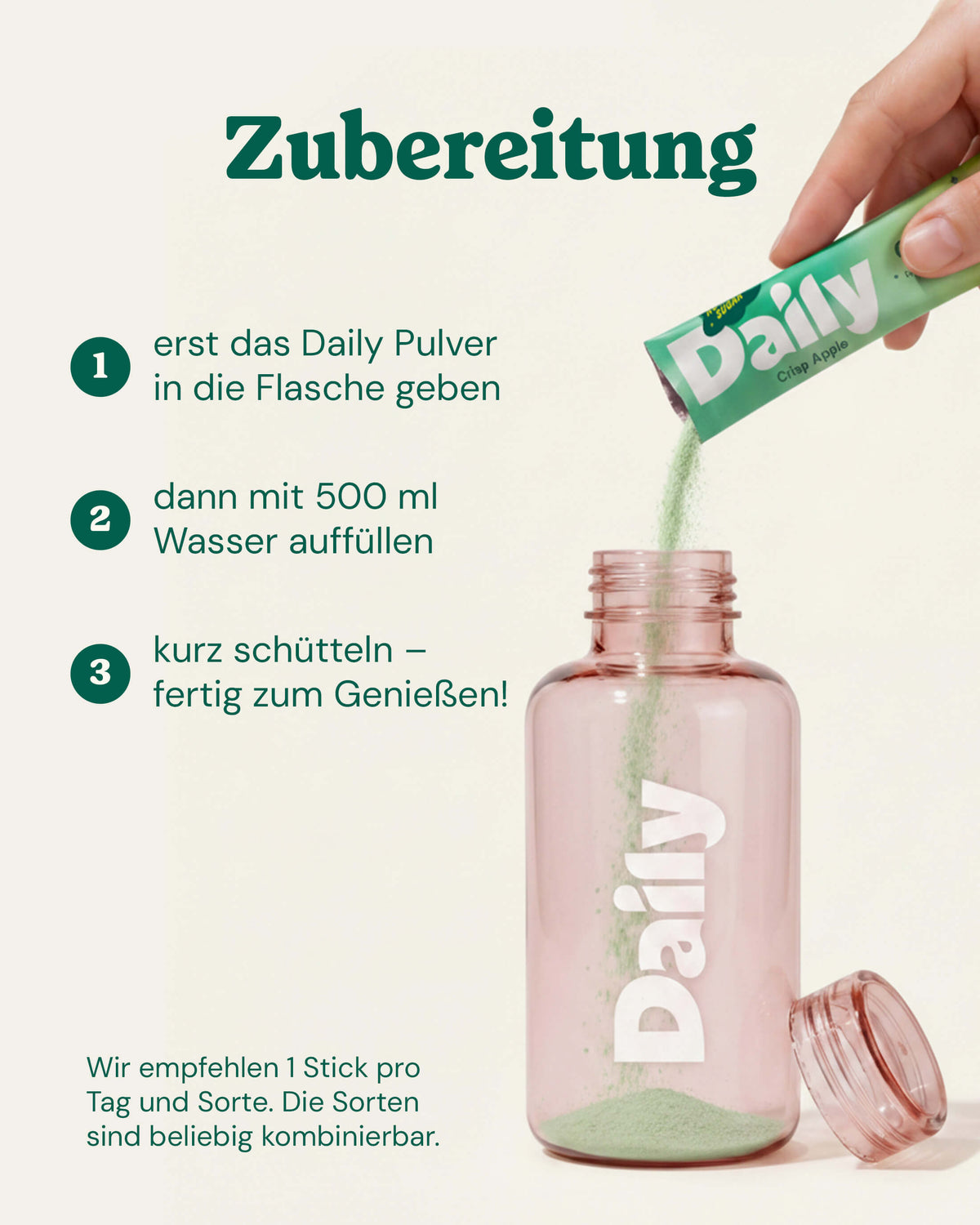 Zubereitung Daily FOCUS – Pulver aus dem Stick in die Daily Bottle Rosé geben, mit 500 ml Wasser auffüllen, kurz schütteln