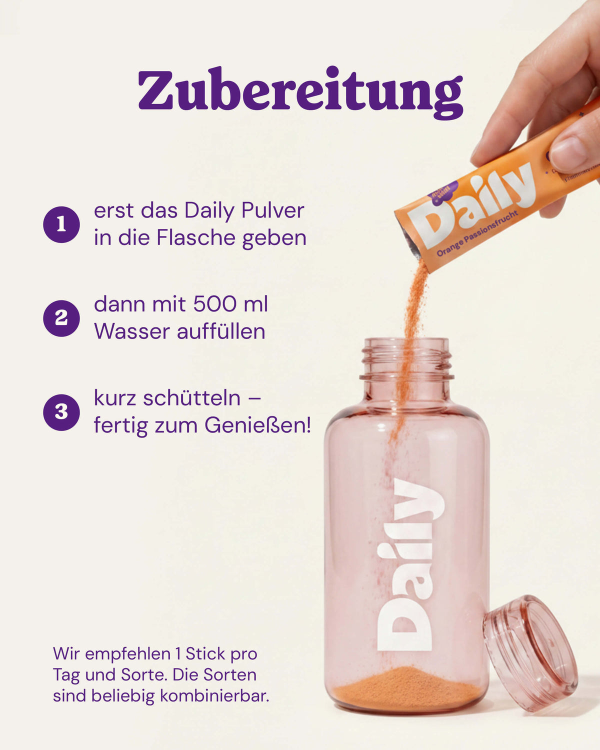 Zubereitung Daily HYDRATION – Pulver aus dem Stick in die Daily Bottle Rosé geben, mit 500 ml Wasser auffüllen, kurz schütteln