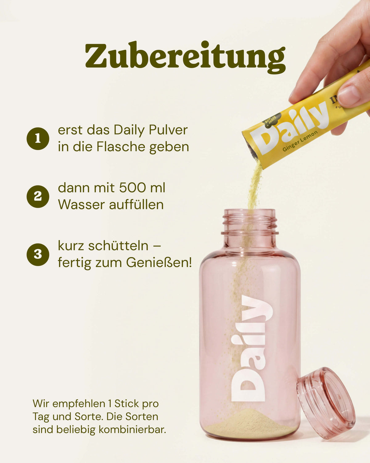 Zubereitung Daily IMMUNE – Pulver aus dem Stick in die Daily Bottle Rosé geben, mit 500 ml Wasser auffüllen, kurz schütteln